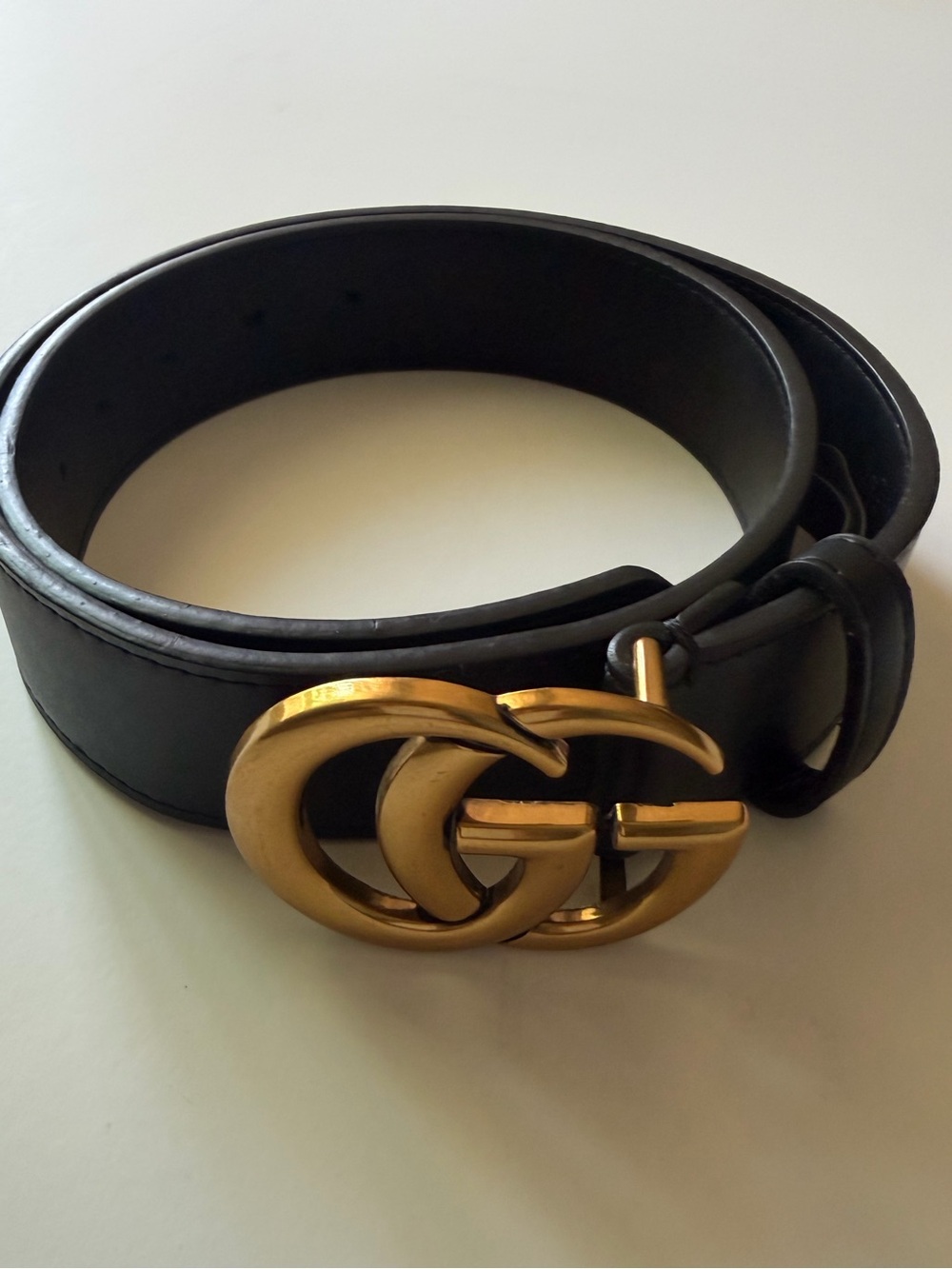 Black Leather Belt with Gold Double G Hardware